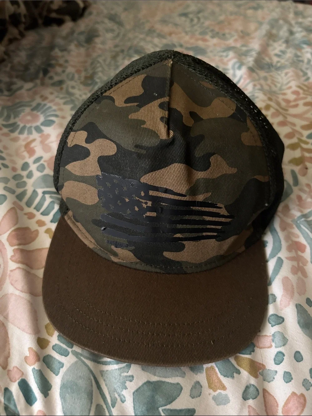 Old Navy Camo Trucker Hat with Black Flag Graphic - Brown/Green